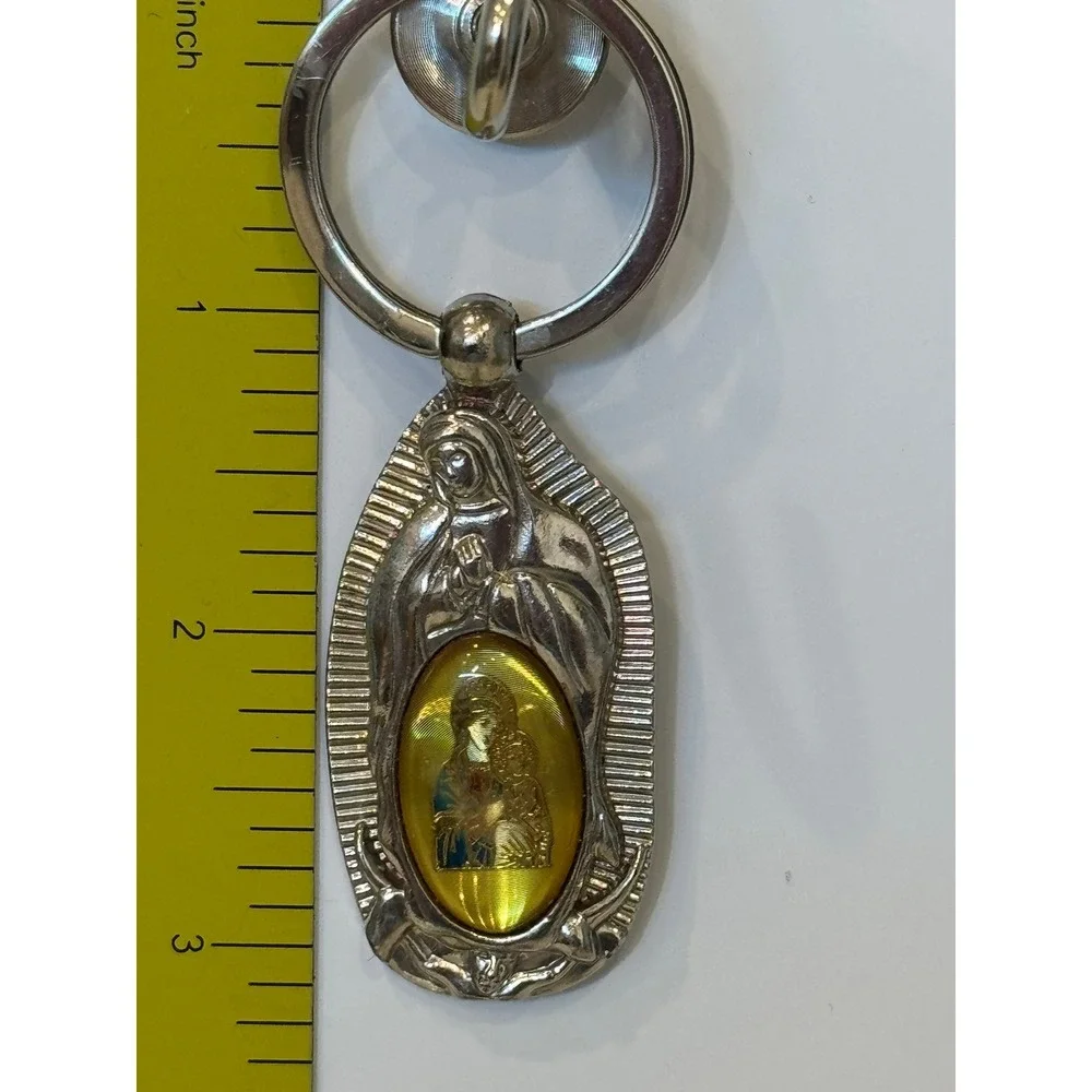 Our Lady of Guadalupe Religious Keychain Silver Tone Yellow Holographic Image